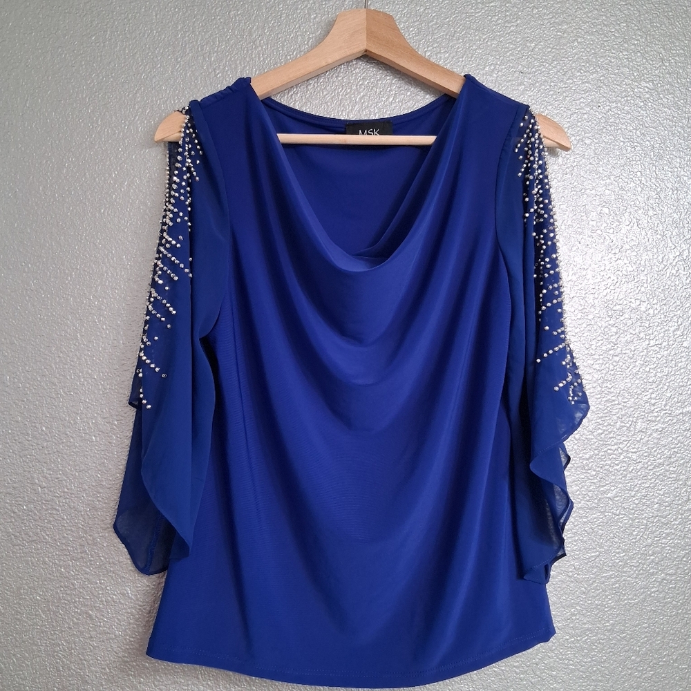 MSK Blue Draped Neck Top With Embellished Bell Sleeves